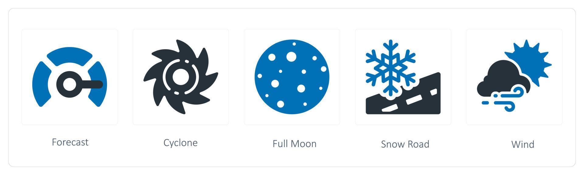 A set of 5 weather icons such as forecast, cyclone and full moon vector