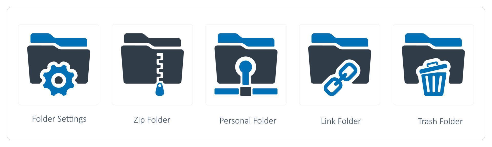 A set of 5 Folder icons such as folder setting, zip and personal folder vector