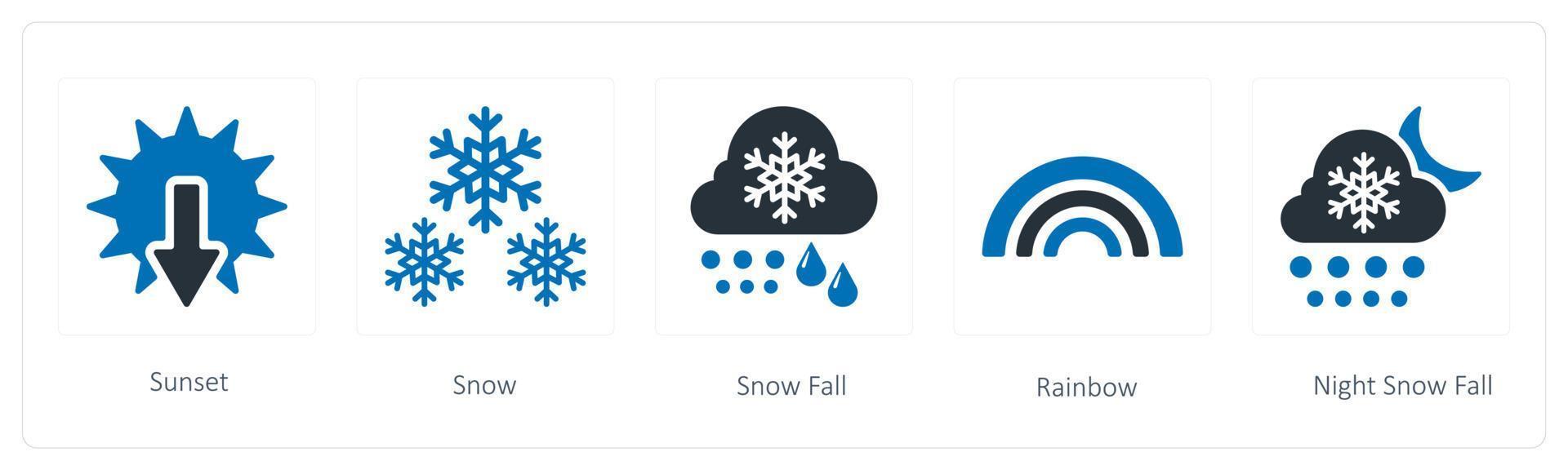 A set of 5 weather icons such as sunset, snow and snowfall vector
