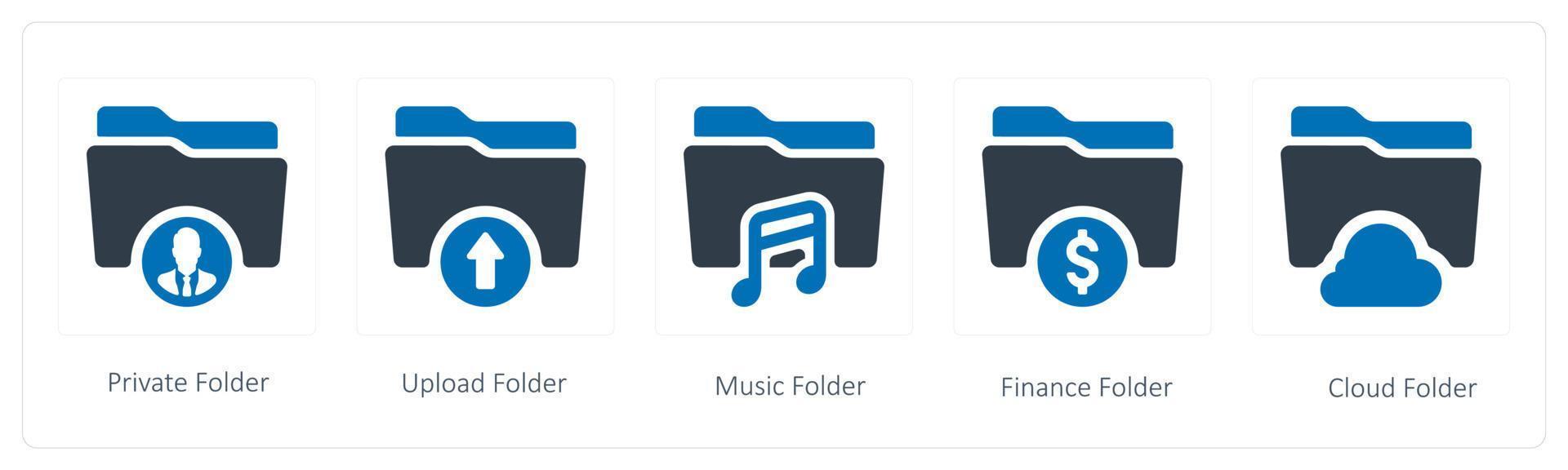 A set of 5 Folder icons such as private, upload and music folder vector