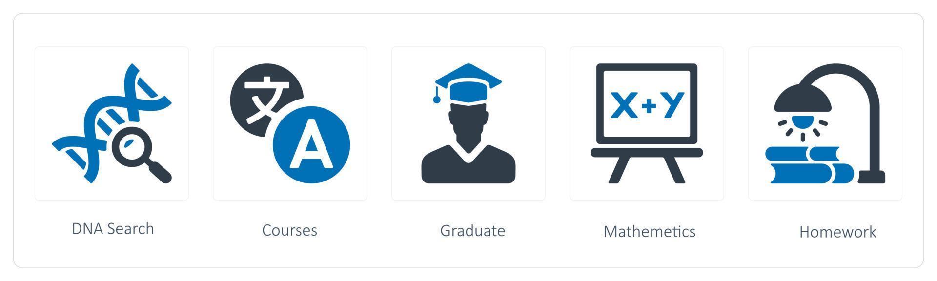 A set of 5 Education icons such as dna search, courses and graduate vector