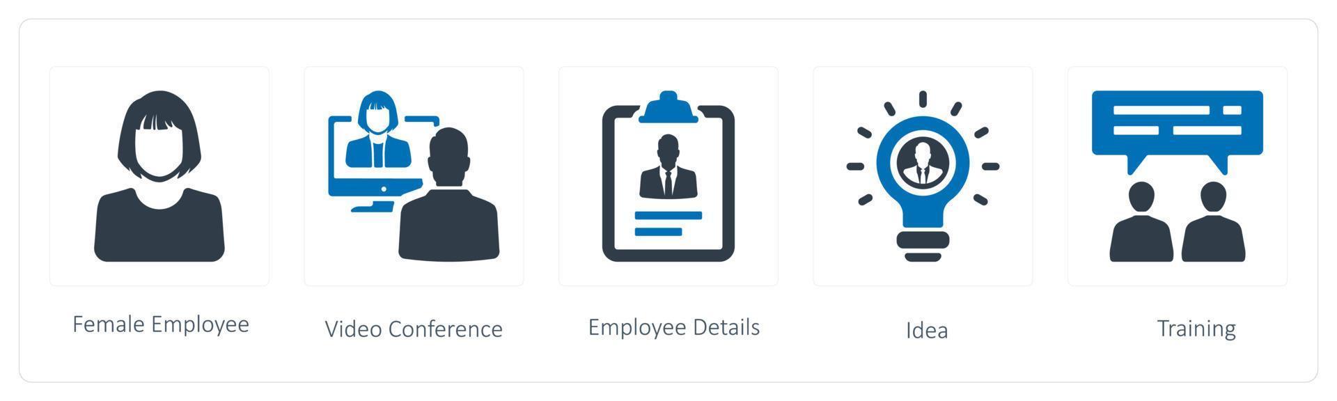 A set of 5 Human Resource icons such as female employee, video conference and employee details, vector