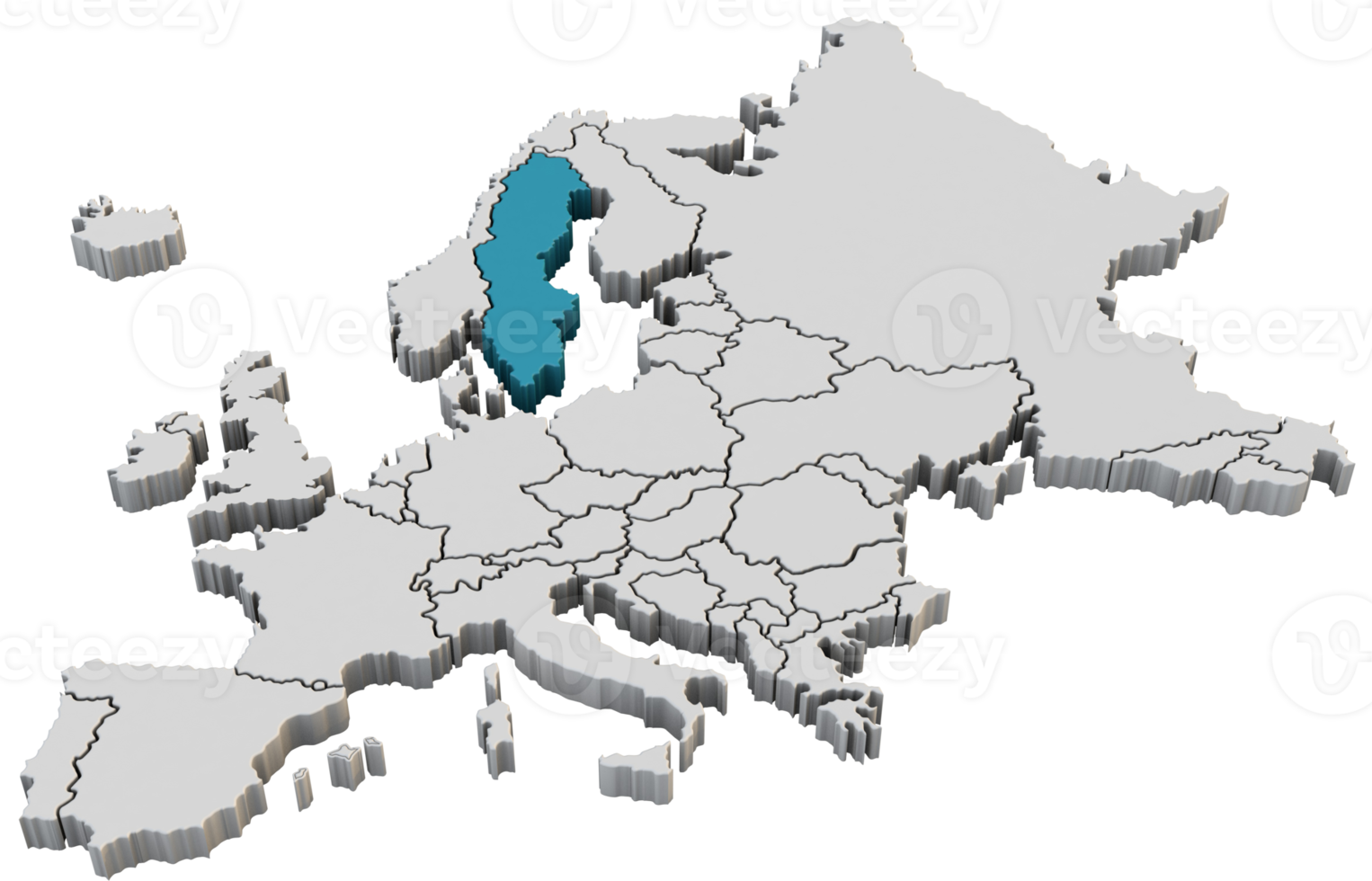 Europa mapa 3d render isolado com azul Suécia um país europeu png