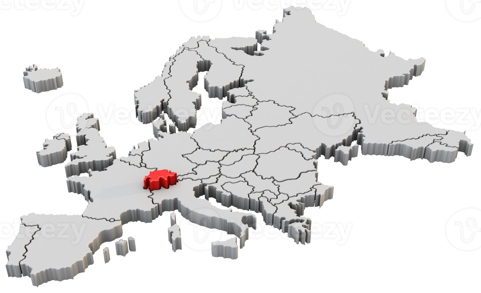 Europe map 3d render isolated with red Swiss a European country png