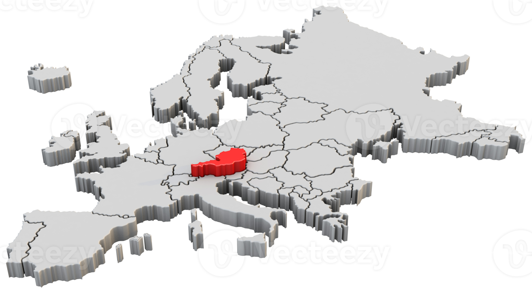 Europe map 3d render isolated with red Austria a European country png