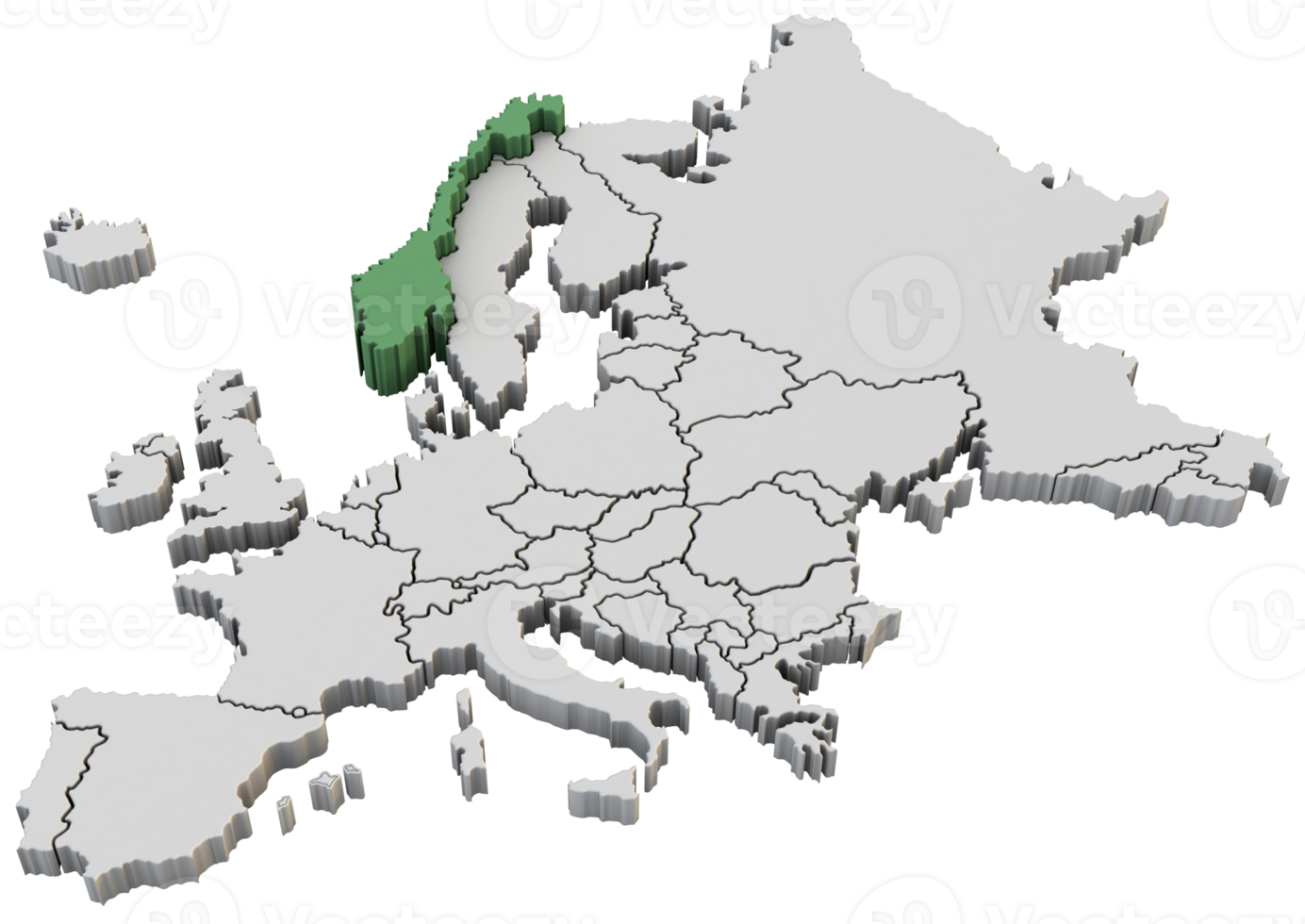 Europe map 3d render isolated with green Norway a European country png