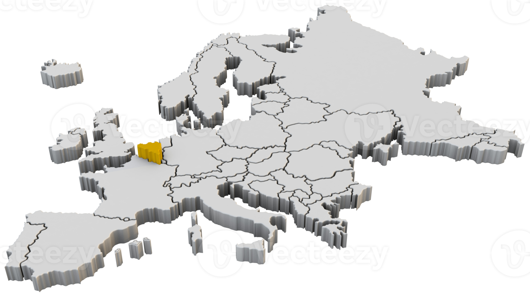 Europe map 3d render isolated with yellow Belgium a European country png