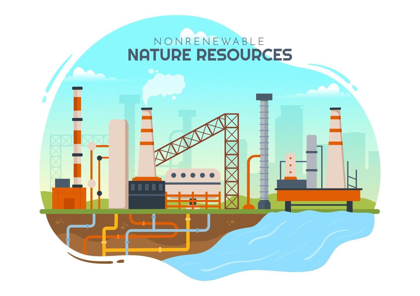 Non Renewable Sources of Energy Illustration with Nuclear, Petroleum, Oil, Natural Gas or Coal Fuels in Flat Cartoon Hand Drawn Templates vector