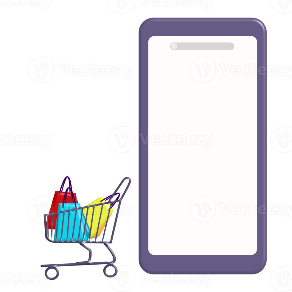 A shopping cart with yellow, blue, red shopping bags next to a mobile phone that can put text, transparent image. png