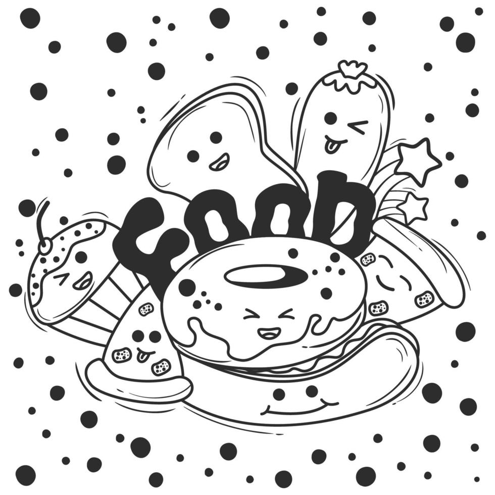 sketchy line doodle cartoon food set vector