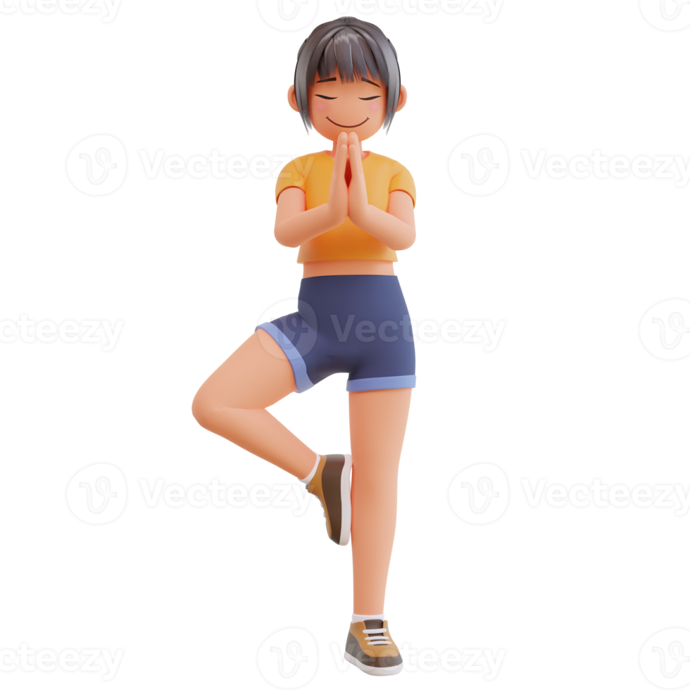 Cute girls yoga pose 3d cartoon illustration png