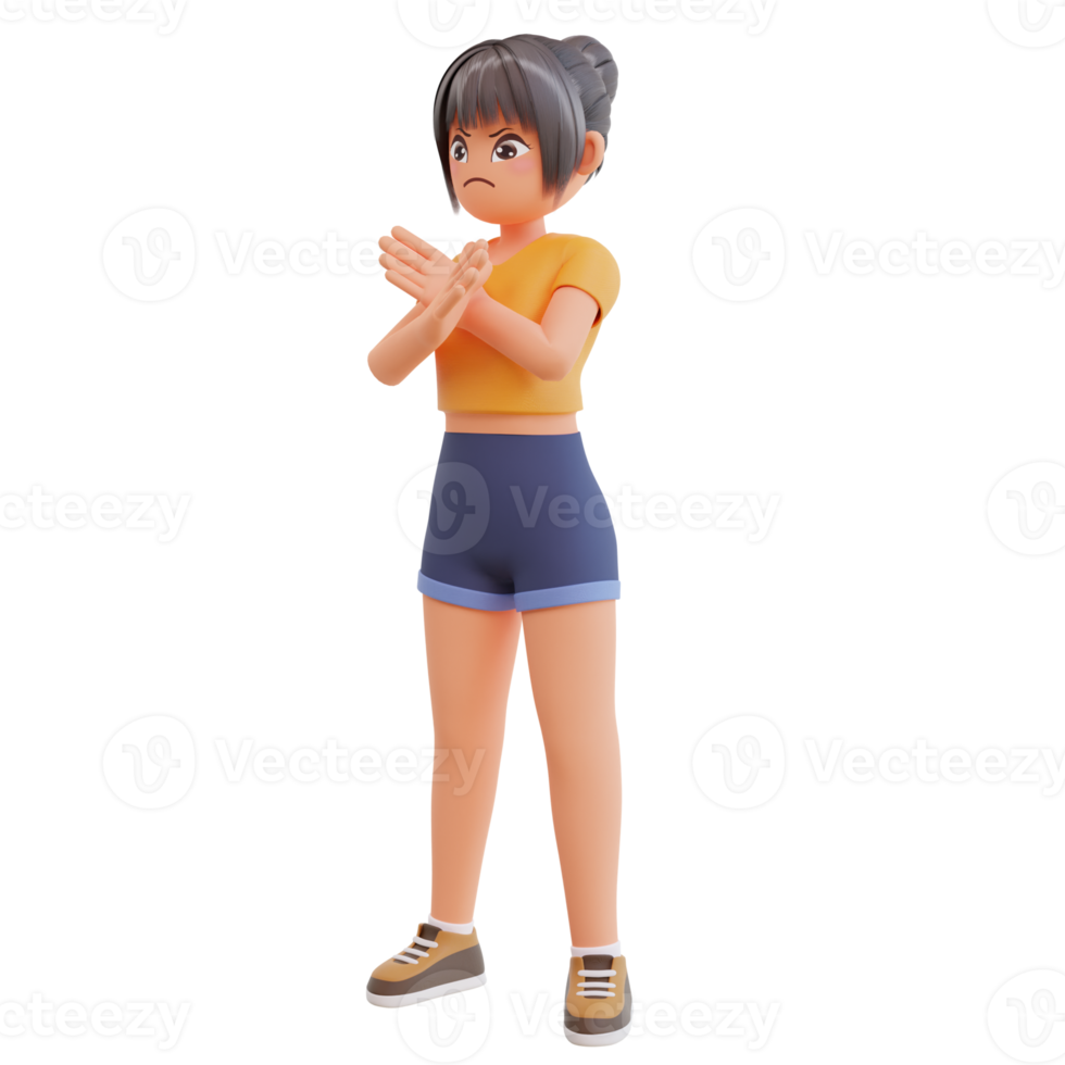 Cute girl Cross hands no gesture 3d cartoon illustration png