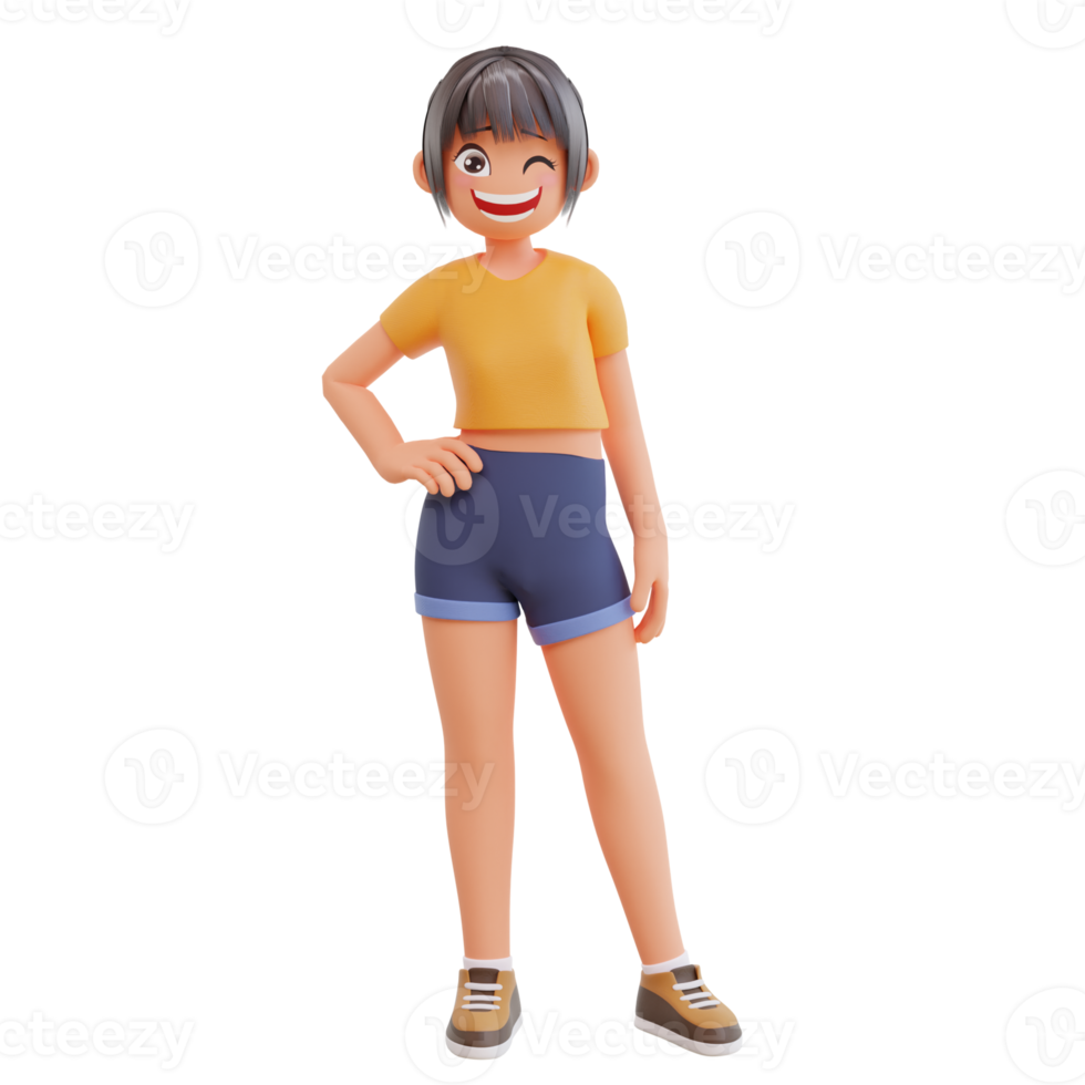 Cute girls smiling posing happy 3d cartoon illustration png