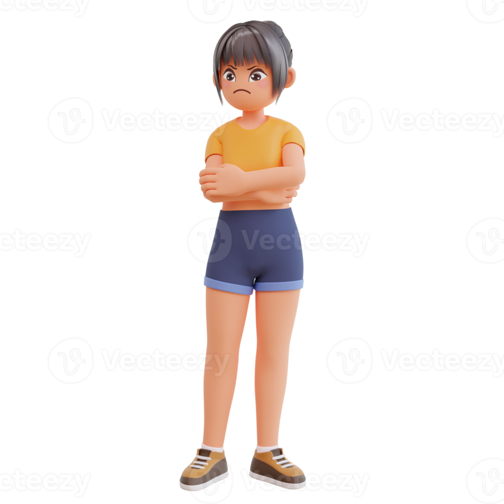 Cute girls expressing negative emotions displeased 3d cartoon illustration png