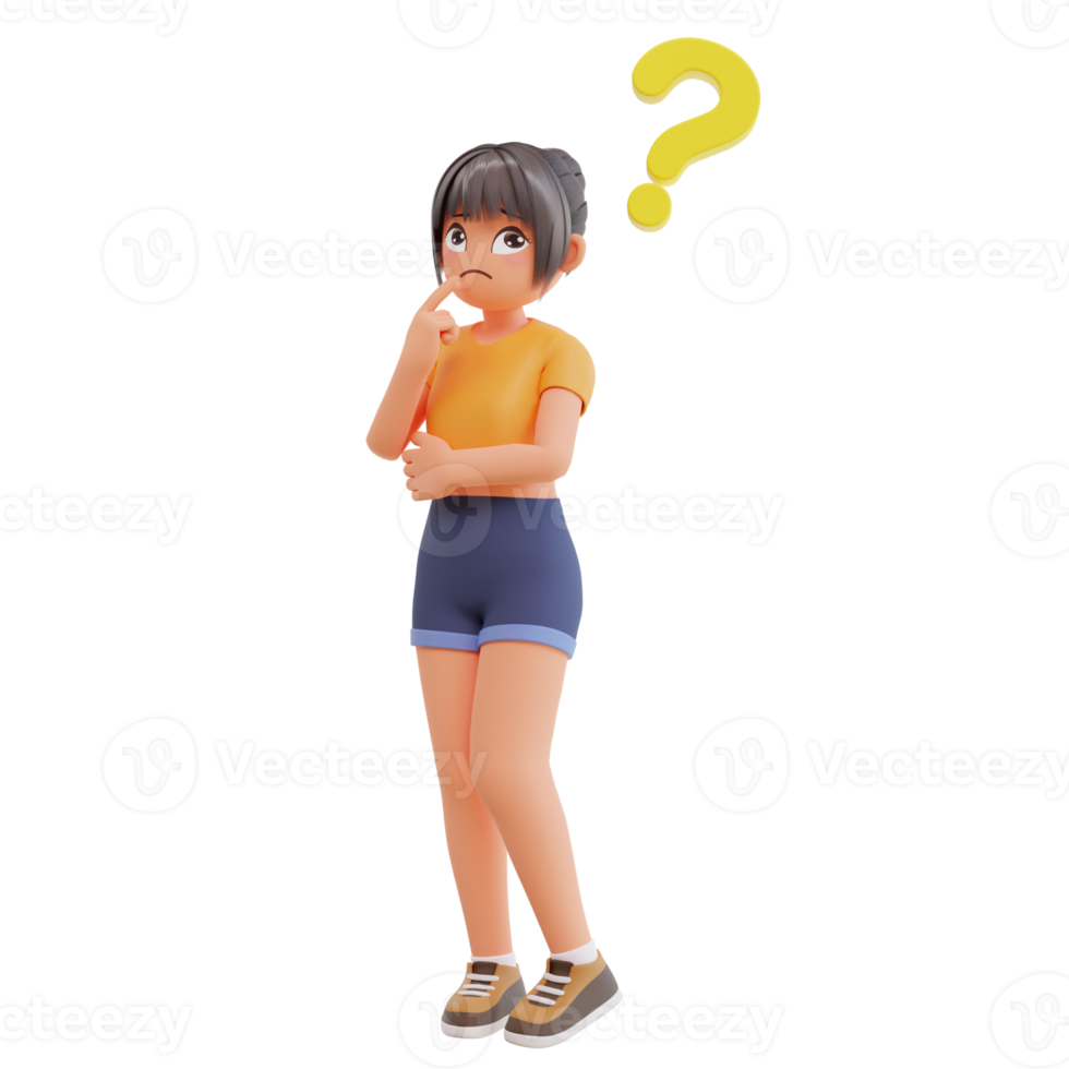 Cute girls with question mark 3d cartoon illustration png