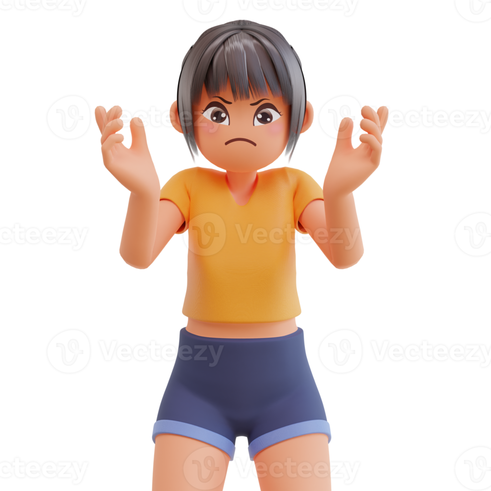 Cute girls expressing negative emotions displeased 3d cartoon illustration png