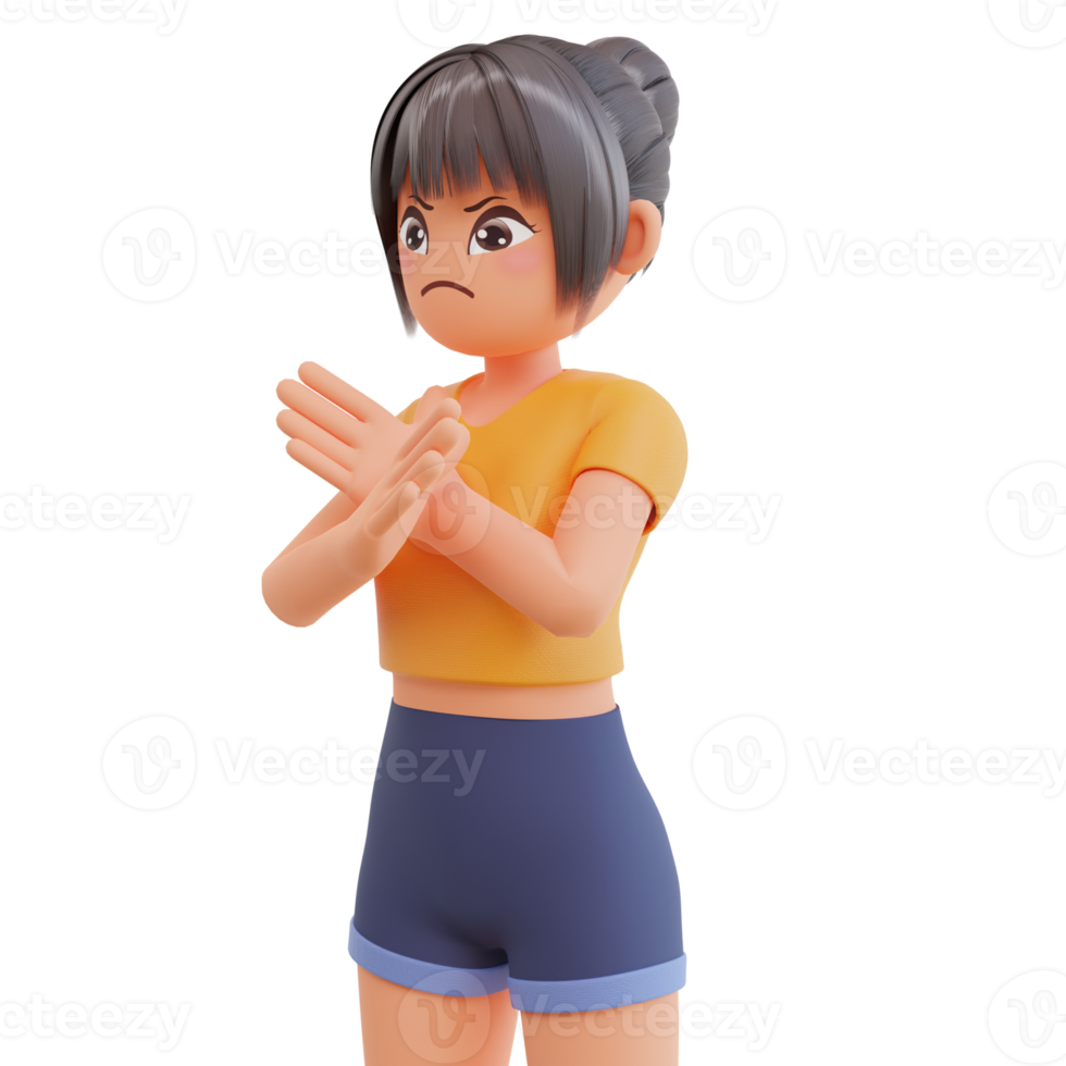 Cute girl Cross hands no gesture 3d cartoon illustration png