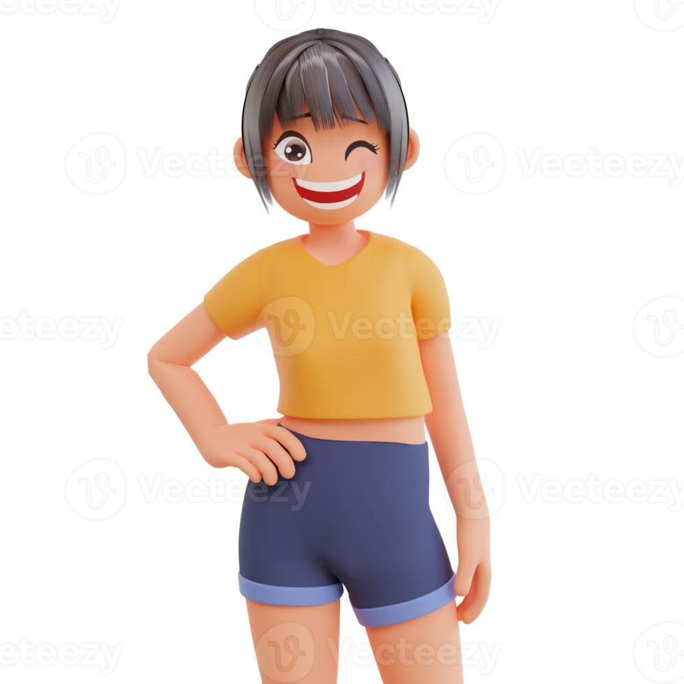 Cute girls smiling posing happy 3d cartoon illustration png