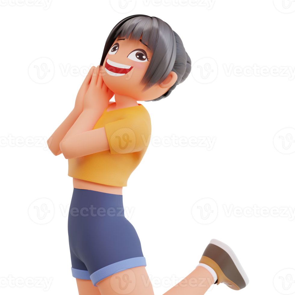 Cute girls smiling posing happy 3d cartoon illustration png