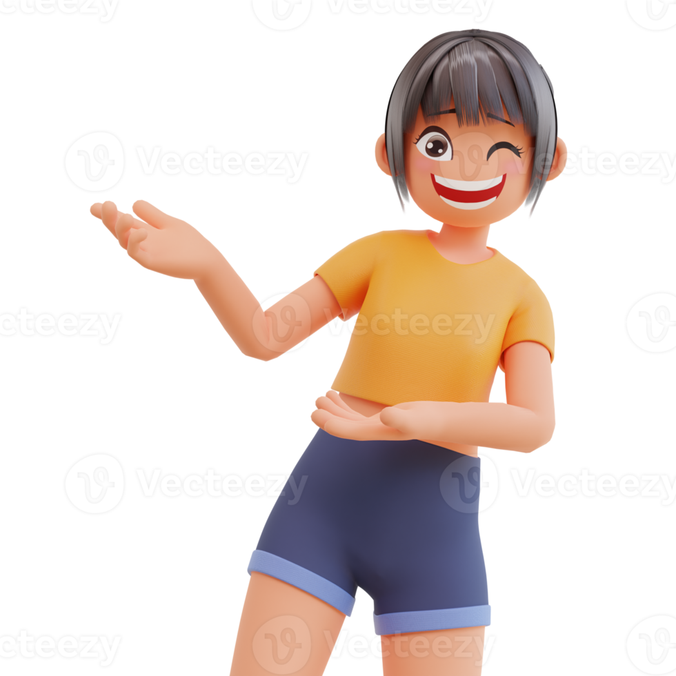 Cute girls showing something 3d cartoon illustration png