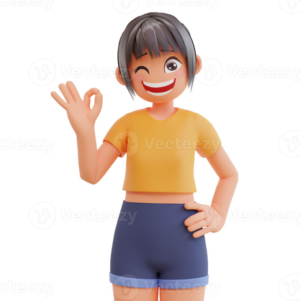 Cute girls show hand with ok symbol 3d cartoon illustration png