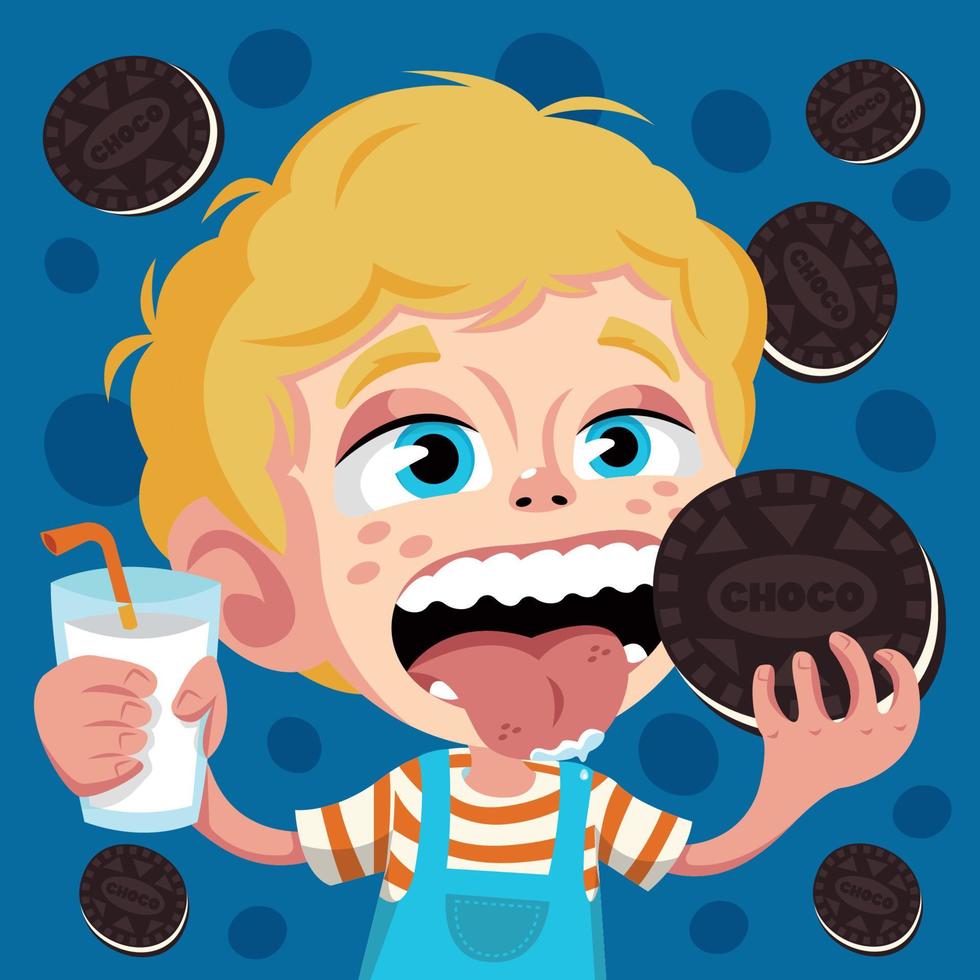 A Boy Eating Chocolate Cookies and Milk 21457745 Vector Art at Vecteezy