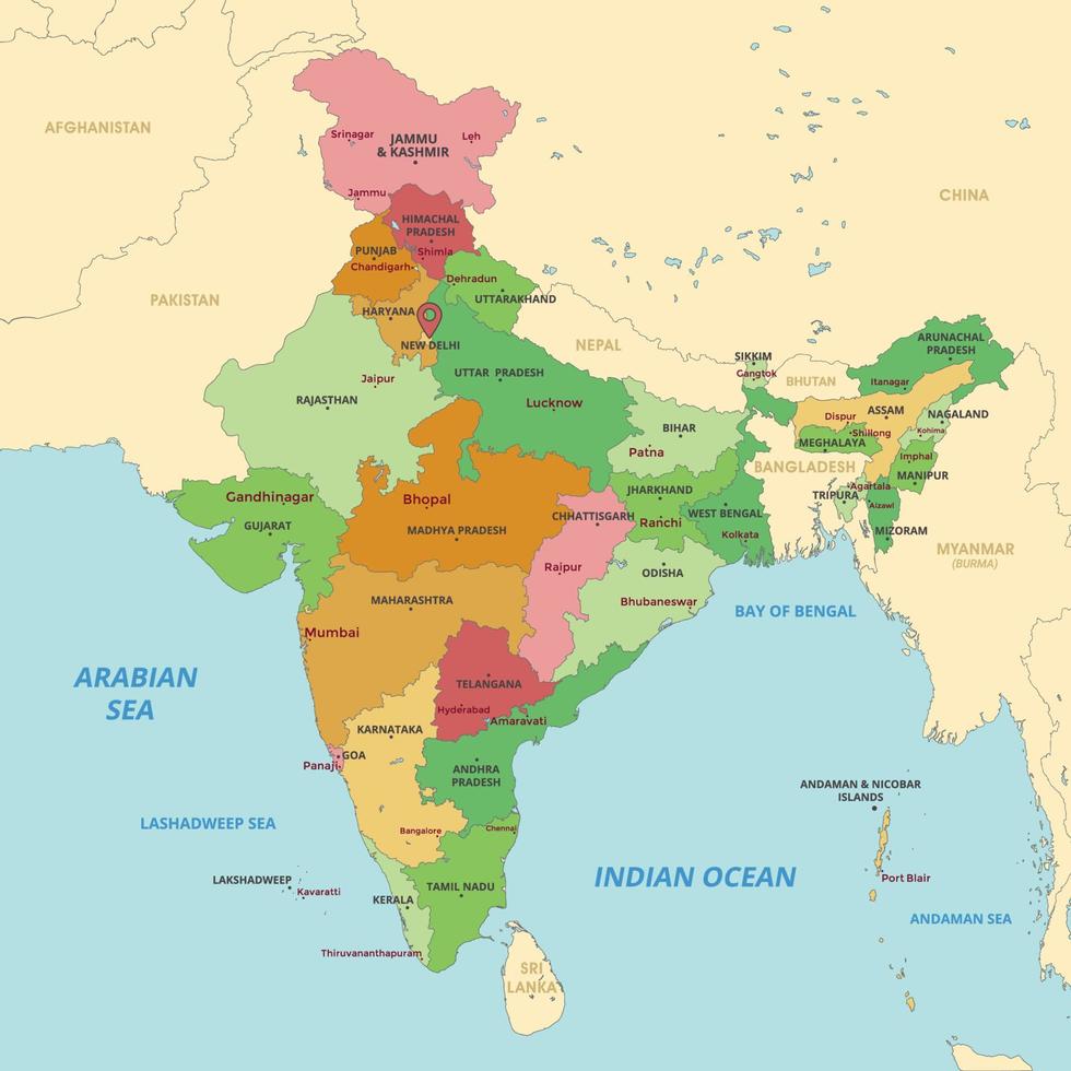 detallado país mapa de India vector