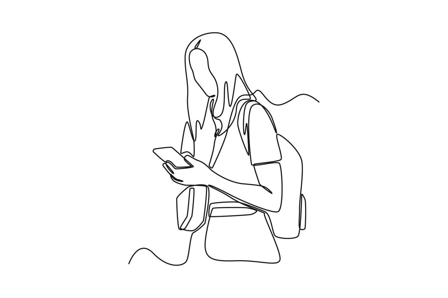 continuo uno línea dibujo contento mujer de viaje con bolsa. aeropuerto ocupaciones concepto. soltero línea dibujar diseño vector gráfico ilustración.