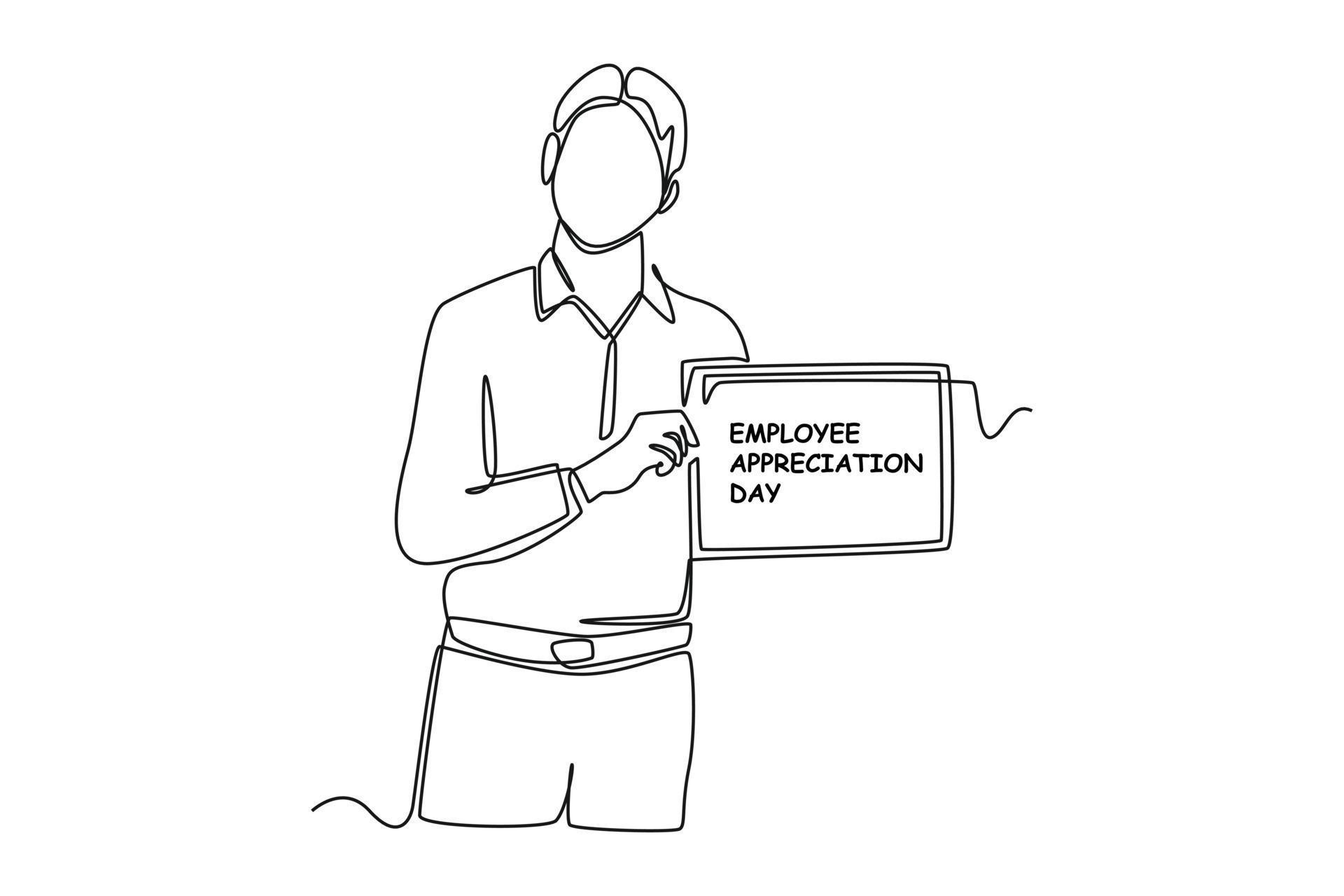 Single one line drawinga male employee holding an employee appreciation