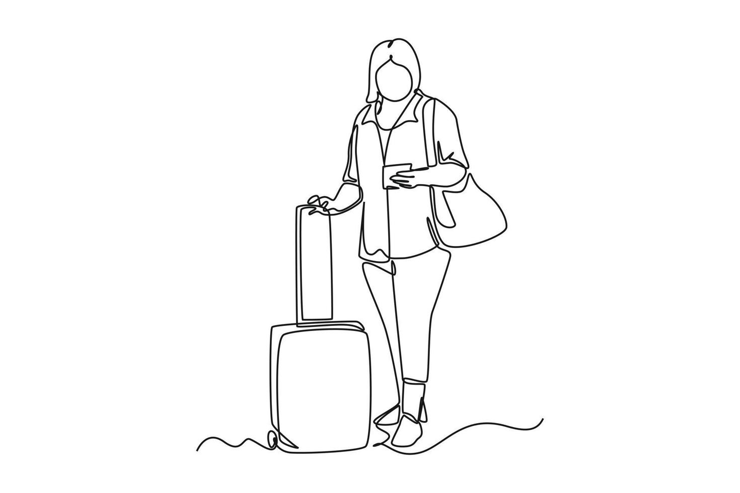 continuo uno línea dibujo contento mujer de viaje con bolsa. aeropuerto ocupaciones concepto. soltero línea dibujar diseño vector gráfico ilustración.