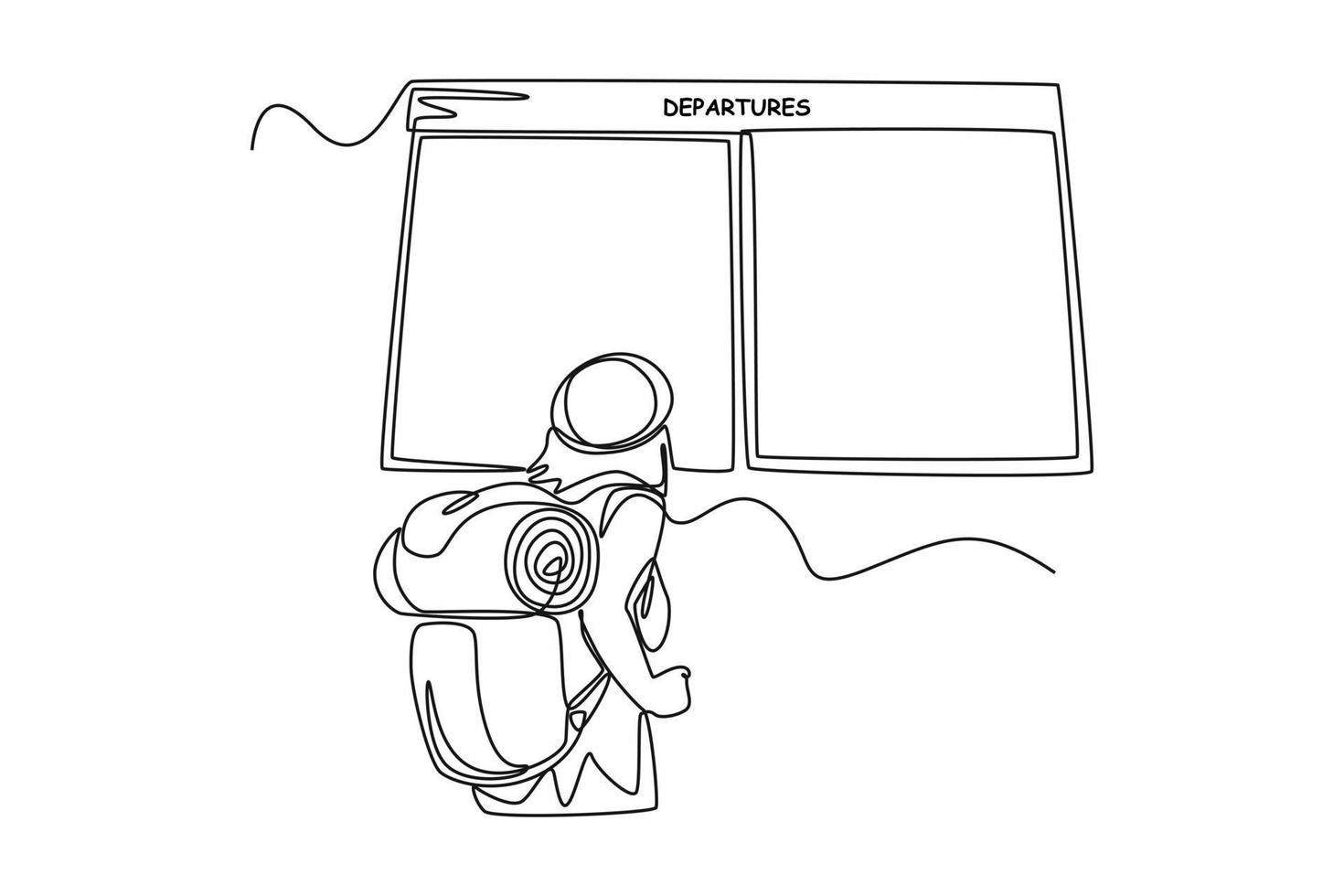 continuo uno línea dibujo joven niña con mochila en aeropuerto cheque vuelo calendario. aeropuerto ocupaciones concepto. soltero línea dibujar diseño vector gráfico ilustración.