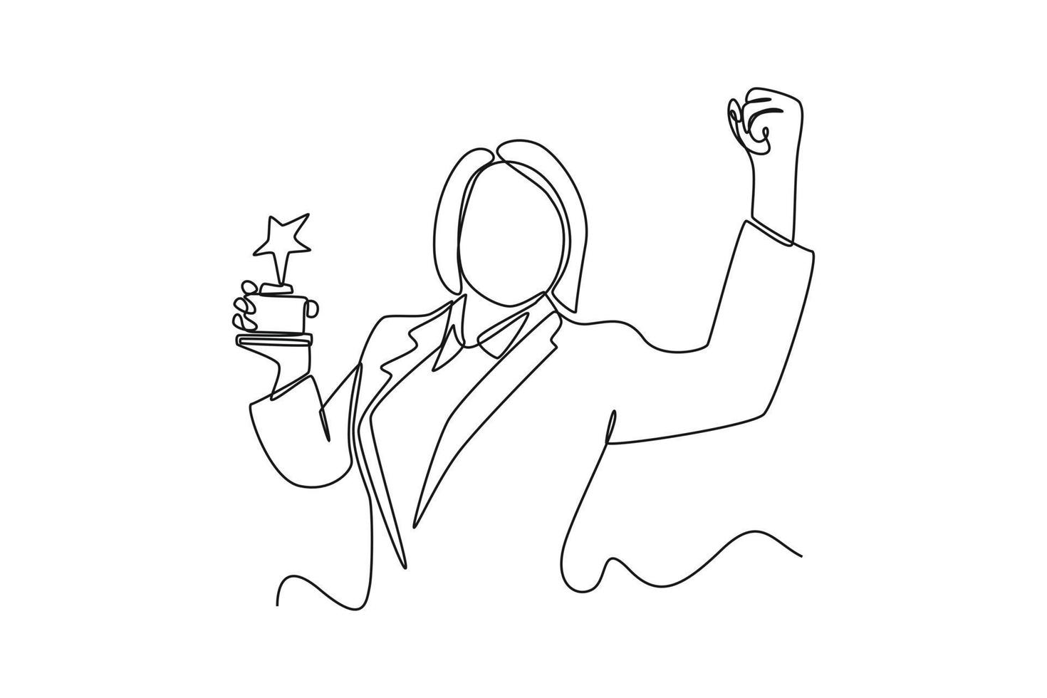 Single one line drawing female employee getting trophy from her office . Employee appreciation day concept. Continuous line draw design graphic vector illustration.