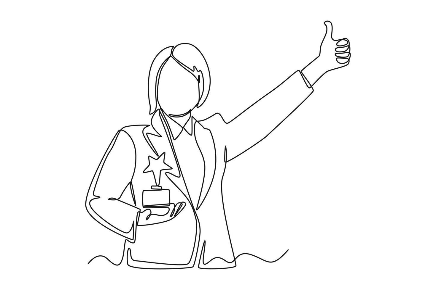 Single one line drawing woman holding star design trophy while giving thumbs up. Employee appreciation day concept. Continuous line draw design graphic vector illustration.