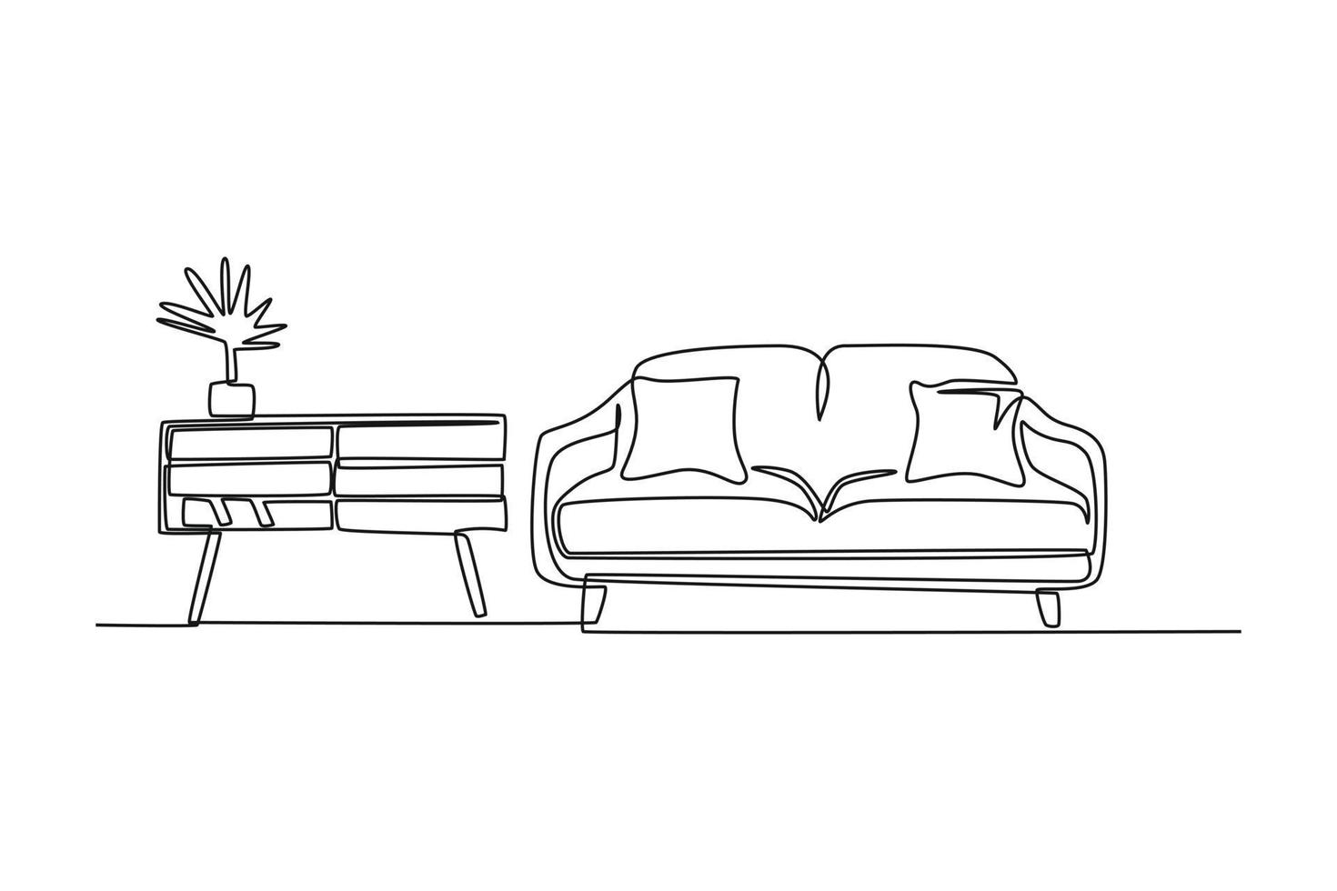 Continuous one-line drawing big couch with a table and flowers. Living room concept single line draw design graphic vector illustration