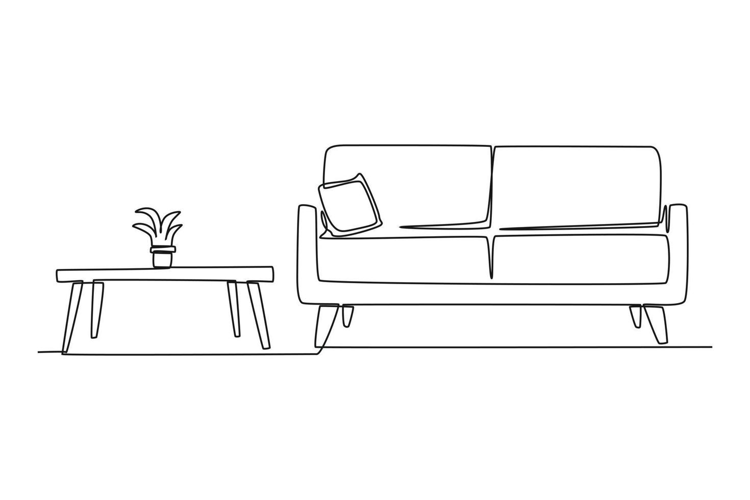 continuo una línea dibujo diseño de vivo habitación largo sofá con mesa y flores vivo habitación concepto soltero línea dibujar diseño gráfico vector ilustración