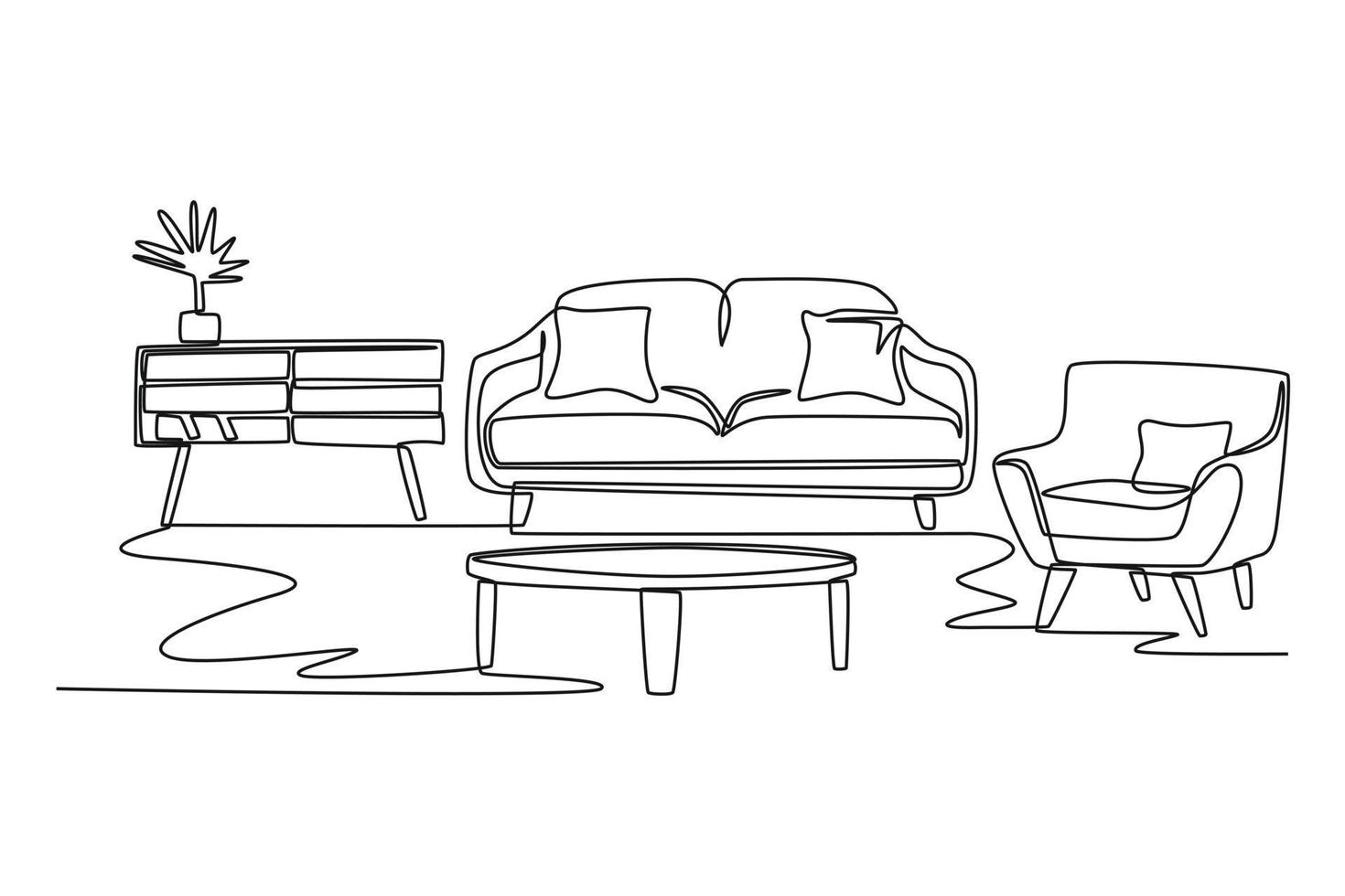 Continuous one-line drawing of living room with few tables and sofas. Living room concept single line draw design graphic vector illustration