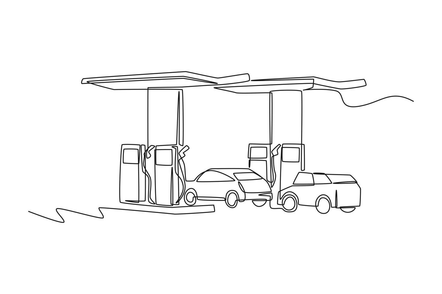 Single one-line drawing of two cars waiting to be filled with gas. Gas station concept continuous line draw design graphic vector illustration