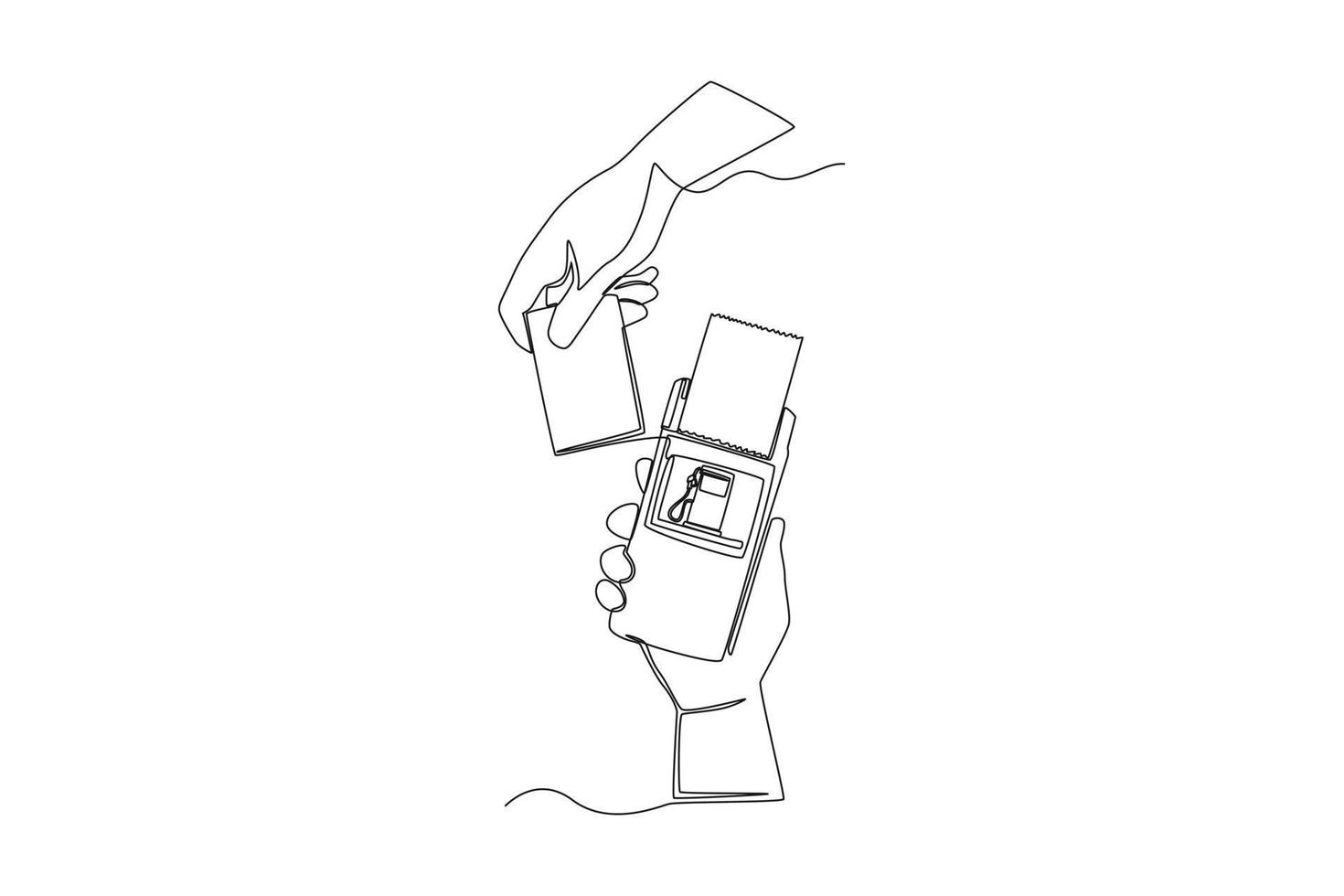Single one-line drawing hand-making refueling payment. Gas station concept continuous line draw design graphic vector illustration