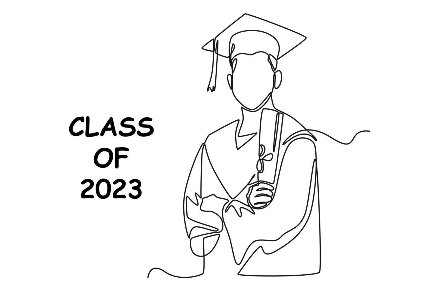 continuo una línea dibujo de hombres vistiendo graduación atuendo. clase de 2023 concepto soltero línea sorteos diseño gráfico vector ilustración