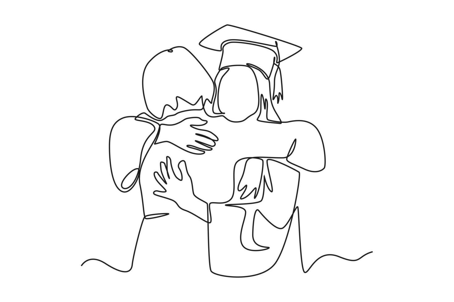 continuo una línea dibujo madre abrazando su hija en graduación día. clase de 2023 concepto soltero línea sorteos diseño gráfico vector ilustración