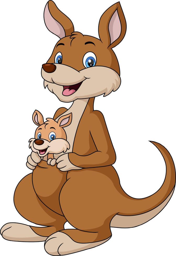 Cute happy kangaroos cartoon with baby joey vector
