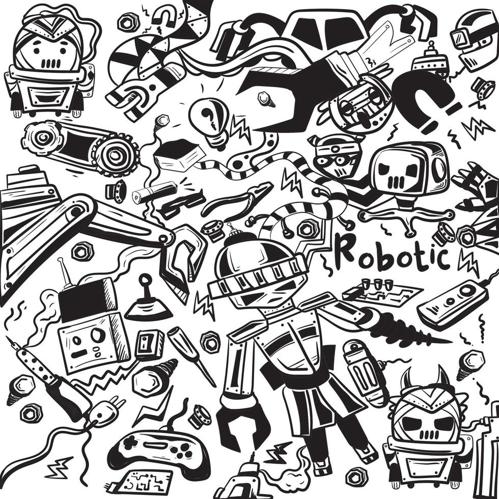 set of cute robots. vector drawing in doodle style.   line drawing funny robots