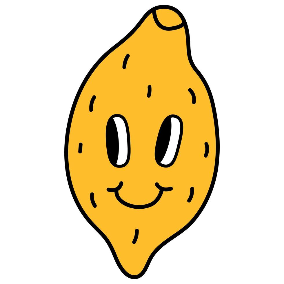 Retro lemon with eyes and a smile. Cartoon style. White background, isolate. Vector illustration