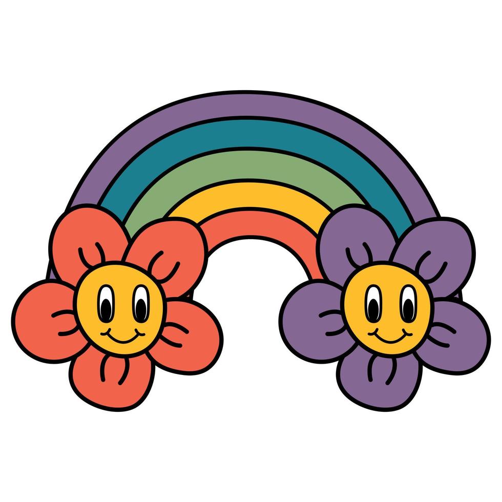 retro arco iris con flores con ojos y un sonrisa. dibujos animados estilo. blanco fondo, aislar. vector ilustración