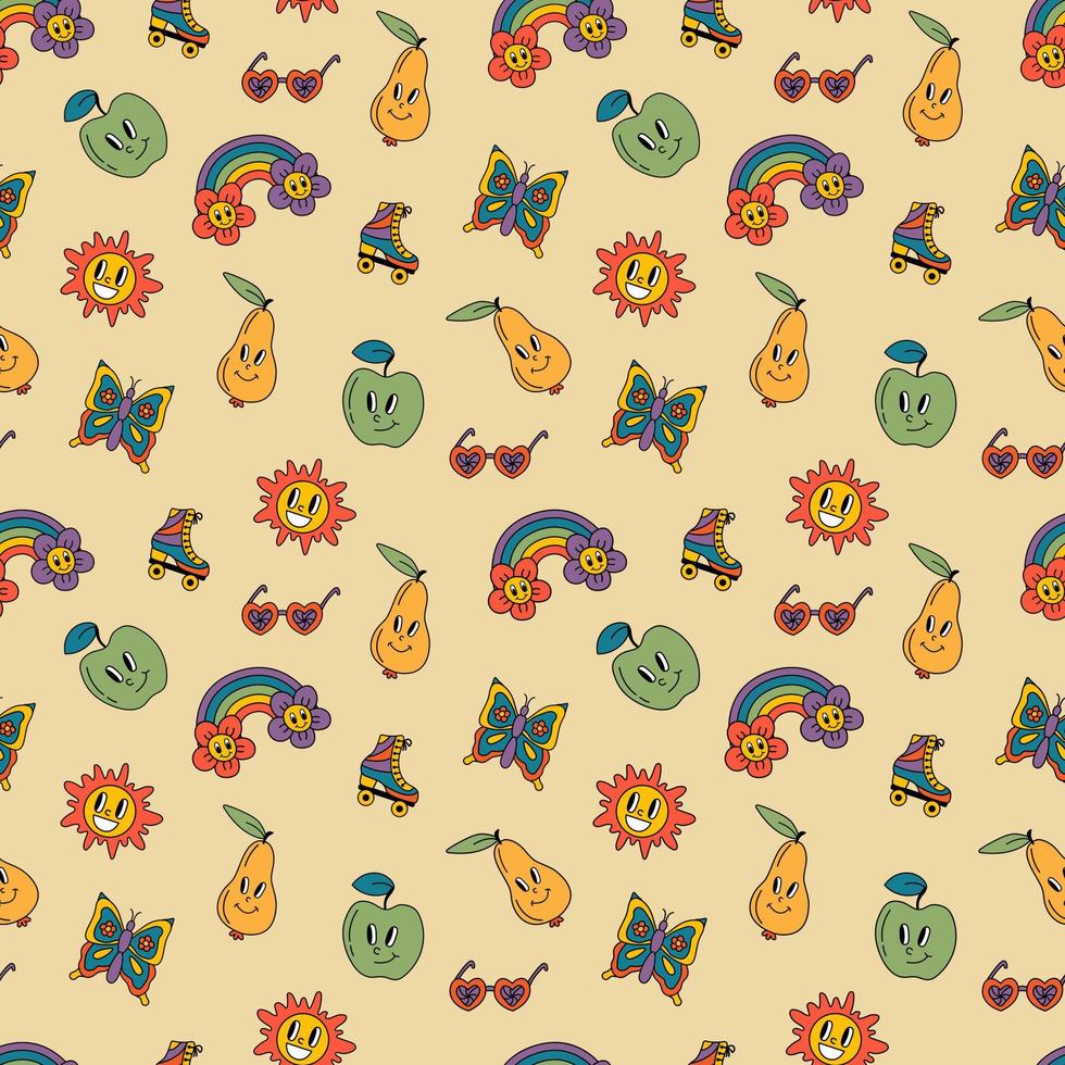 Retro seamless patterns, groovy hippie backgrounds. Cartoon funky print with pears, apples, butterflies, hearts, sun, rollers pattern. vector