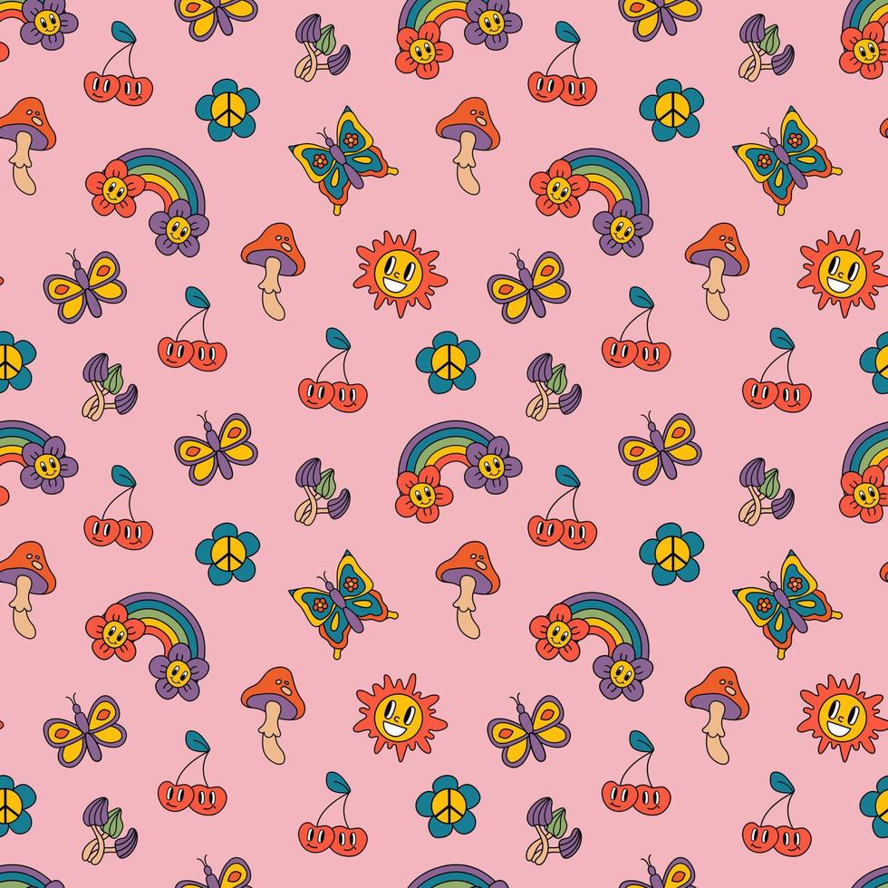 Retro seamless patterns, groovy hippie backgrounds. Cartoon funky print with butterflies, sun, rainbow, flowers, mushrooms. vector