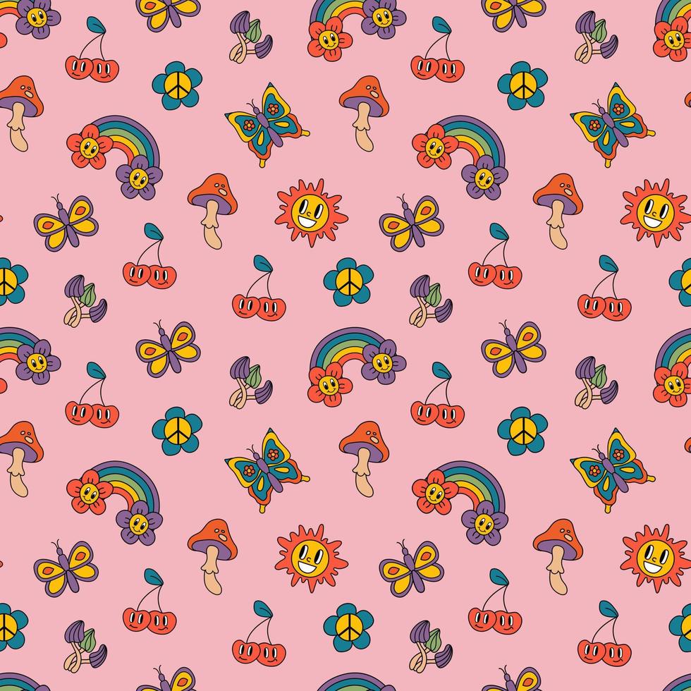 Retro seamless patterns, groovy hippie backgrounds. Cartoon funky print with butterflies, sun, rainbow, flowers, mushrooms. vector