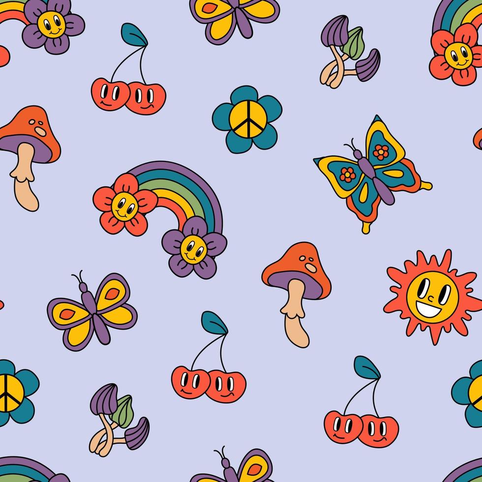 Retro seamless patterns, groovy hippie backgrounds. Cartoon funky print with butterflies, sun, rainbow, flowers, mushrooms. vector