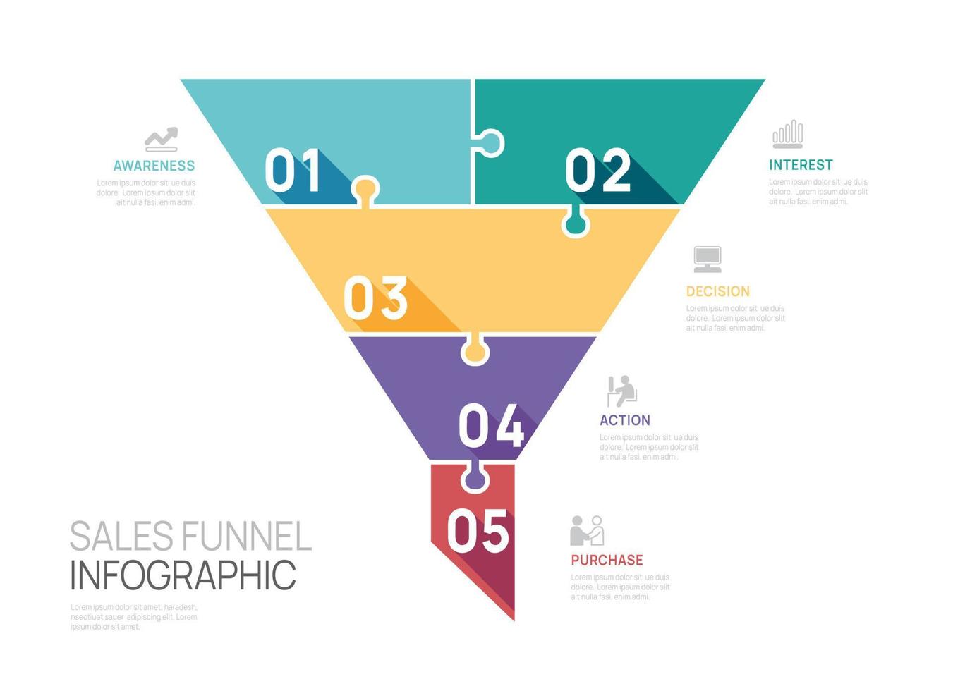 infografía ventas embudo diagrama modelo para negocio. moderno cronograma 5 5 paso rompecabezas, digital márketing datos, presentación vector infografía.