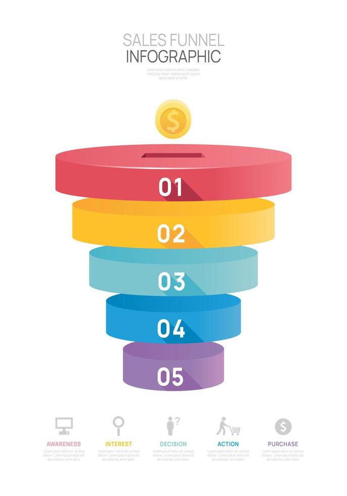 Infographic Sales funnel diagram template for business. Modern  Timeline 5 step level, digital marketing data, presentation vector infographics.